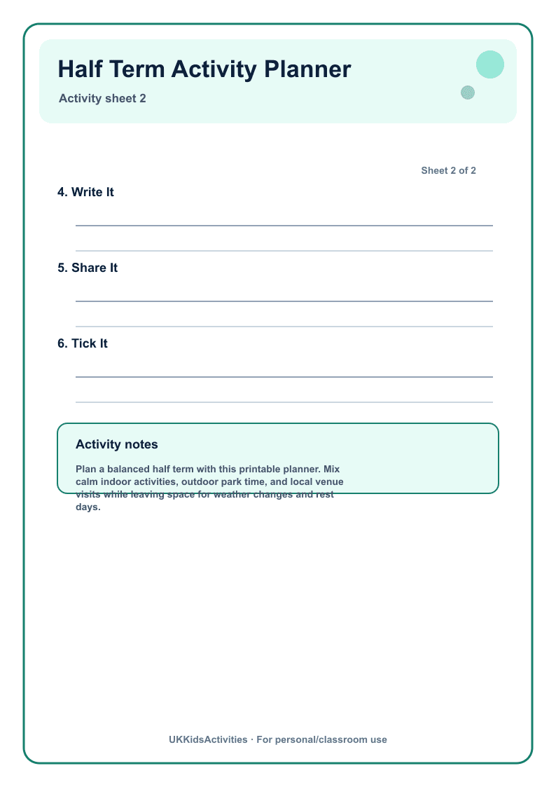Half Term Activity Planner page 2