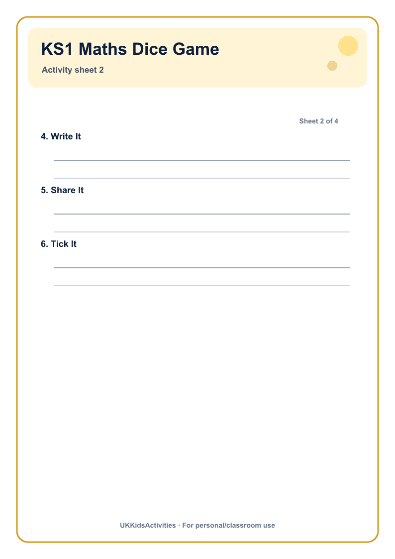 KS1 Maths Dice Game page 2