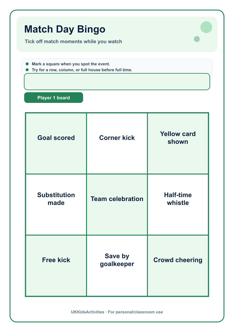 Match Day Bingo page 1