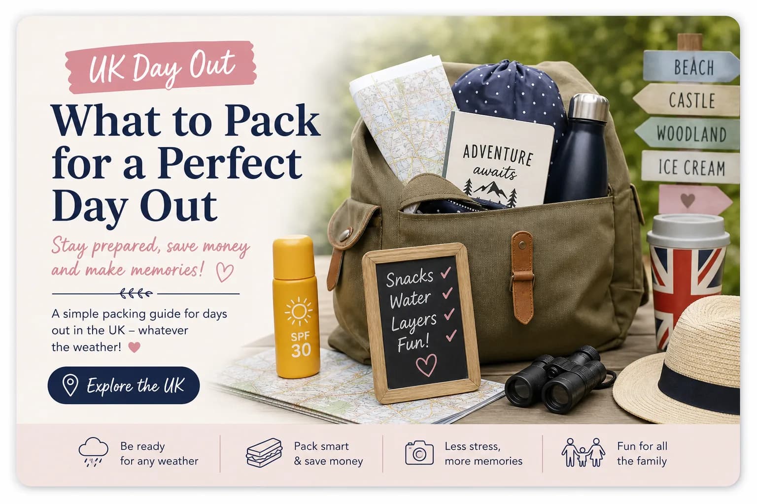 What we pack for a UK family day out (and what we stopped bringing) blog illustration